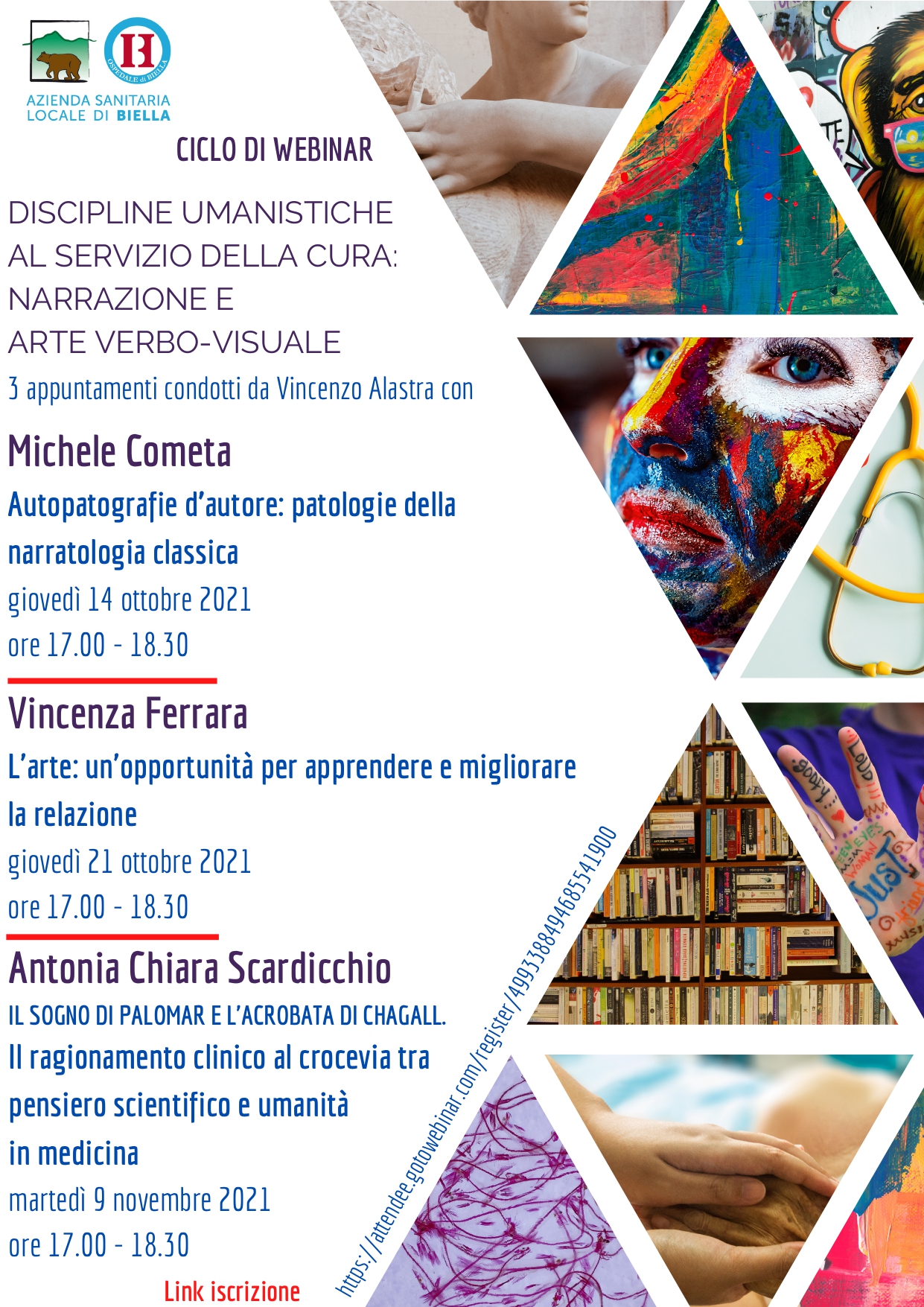 La locandina del ciclo di webinar dedicati alle discipline umanistiche al servizio della cura, con Michele Cometa, Vincenza Ferrara e Antonia Chiara Scardicchio