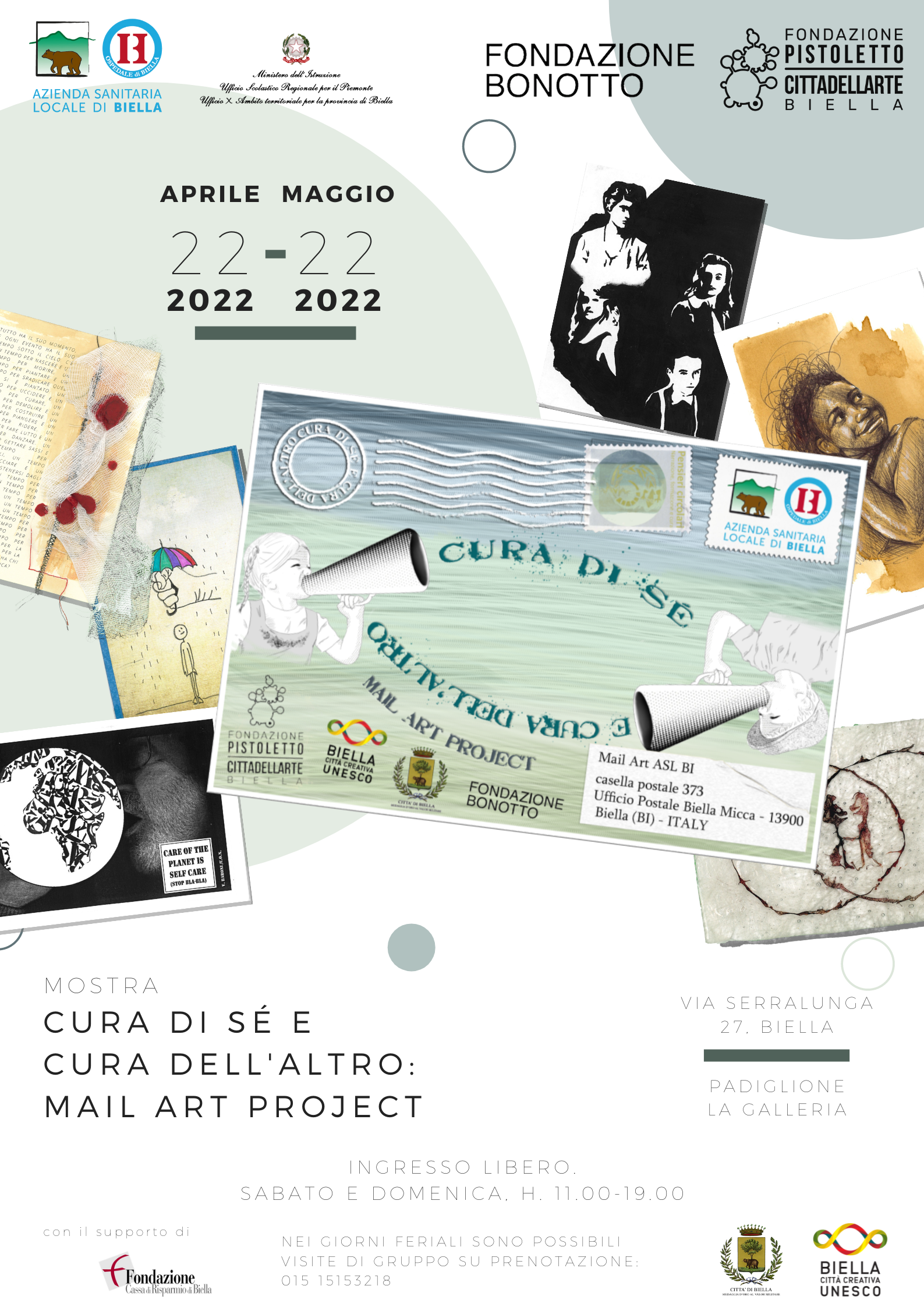 Locandina della mostra Cura di Sé e Cura dell'Altro: Mail Art Project. Fondazione Pistoletto 22 aprile - 22 maggio 2022
